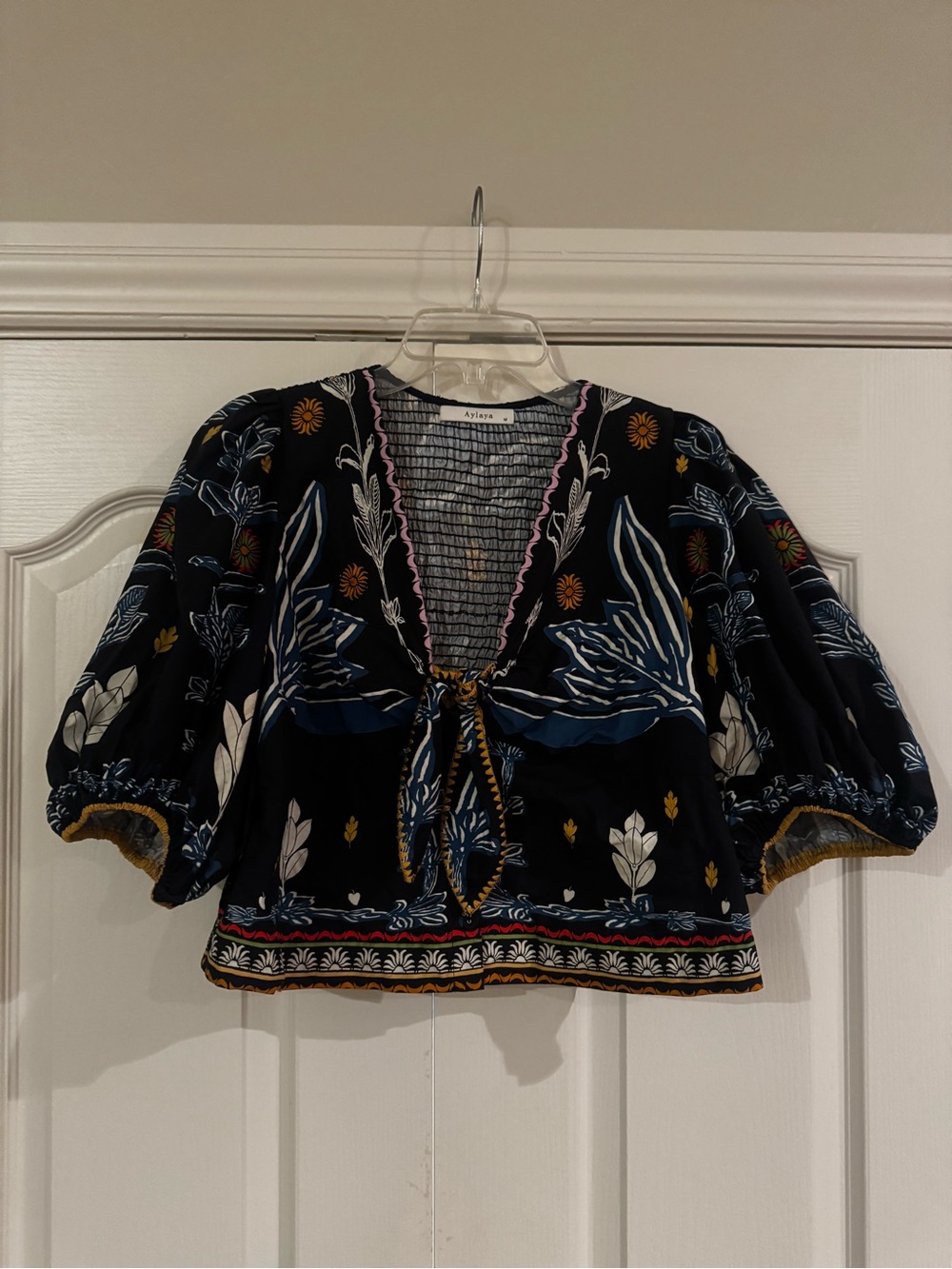 Alara Black Floral Tie-Front Peasant Blouse